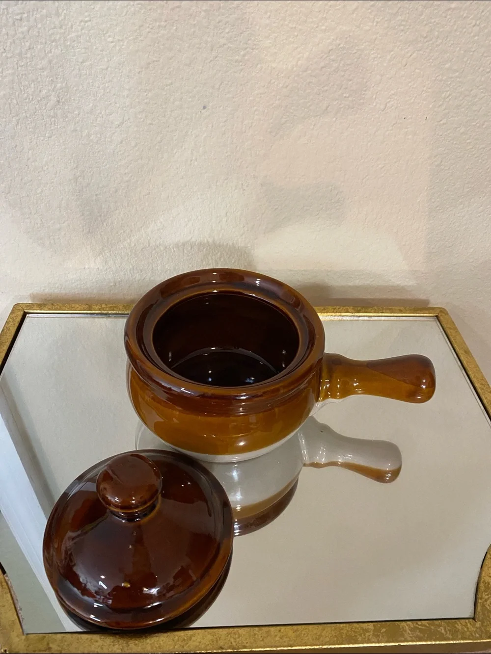 Vintage Hand Crafted Two-Tone Brown Ceramic Saucepot with Lid